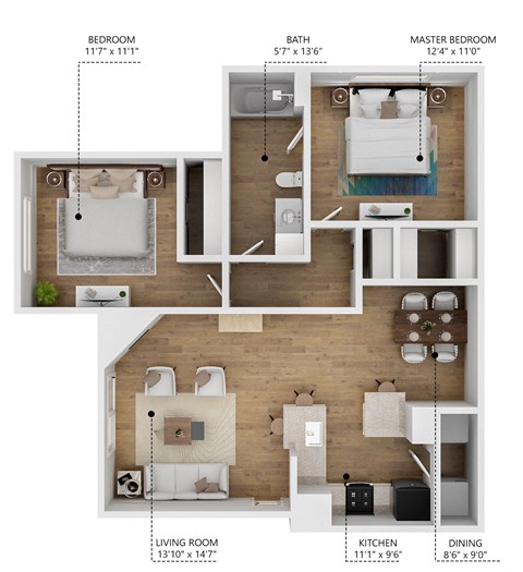 Floor plan for 2 beds, 1 bath, 1043 sqft